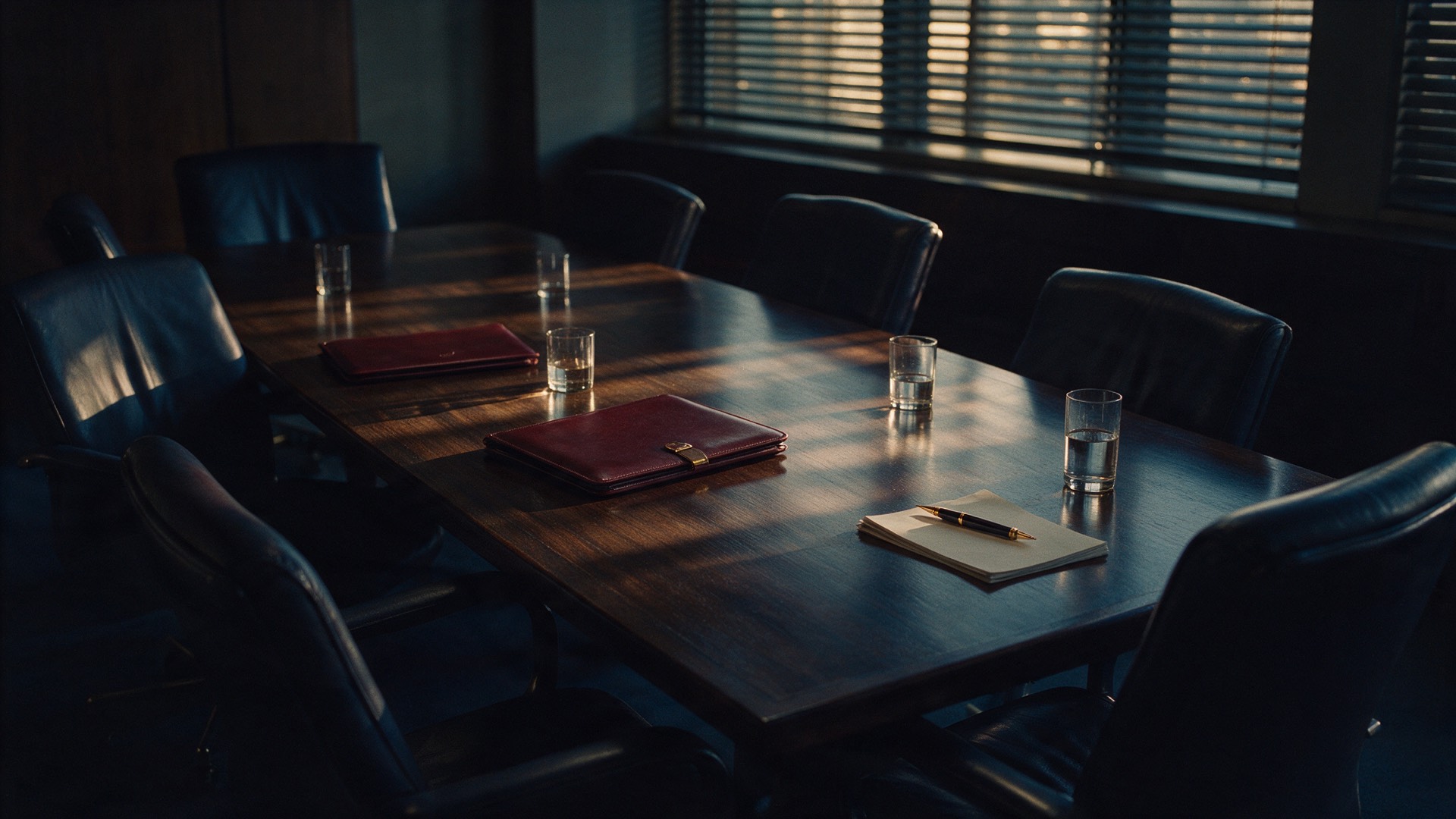 A boardroom table after the meeting, closed deal folders and evening light