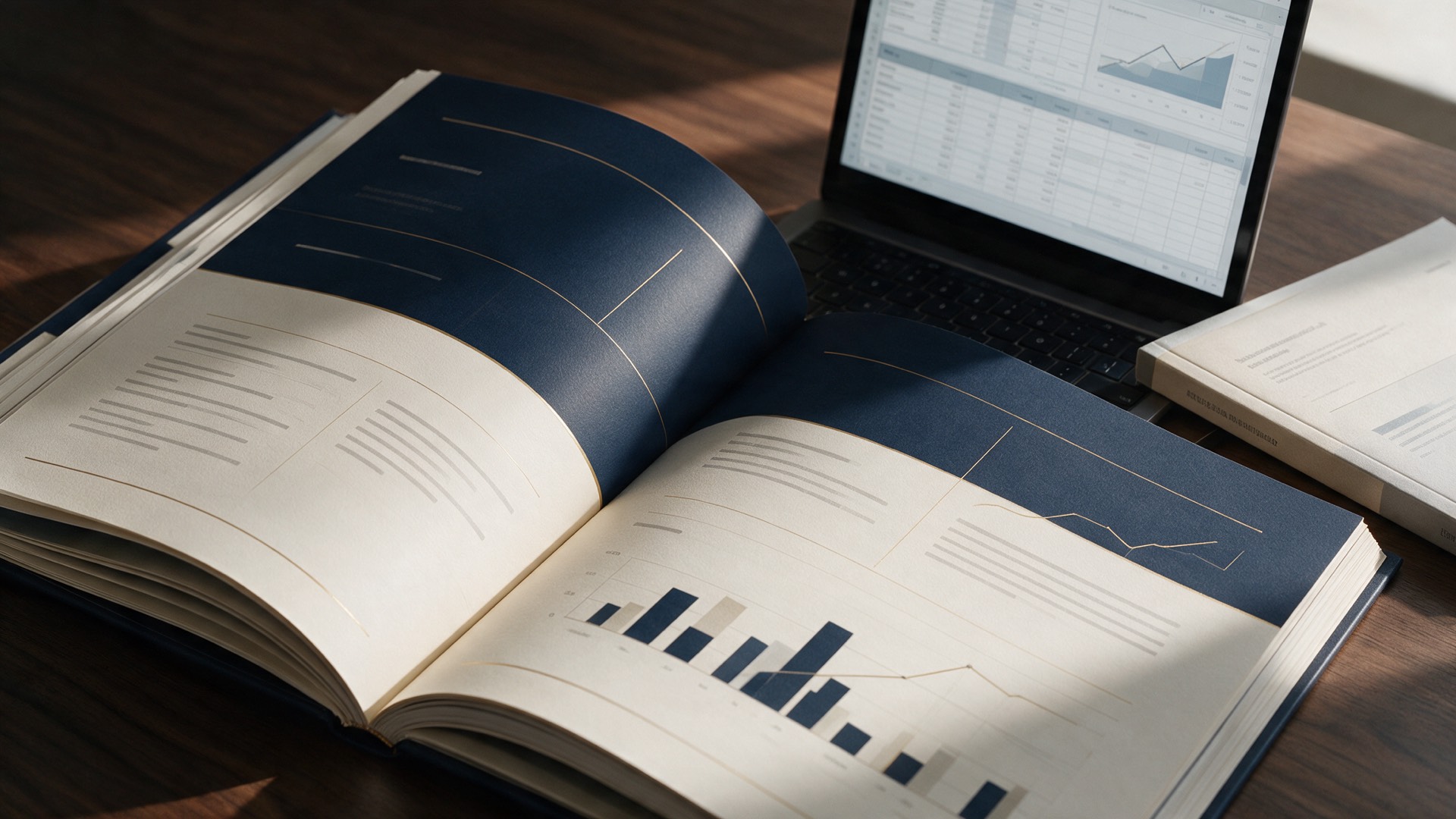 An investor pitch deck open beside a laptop showing a financial model
