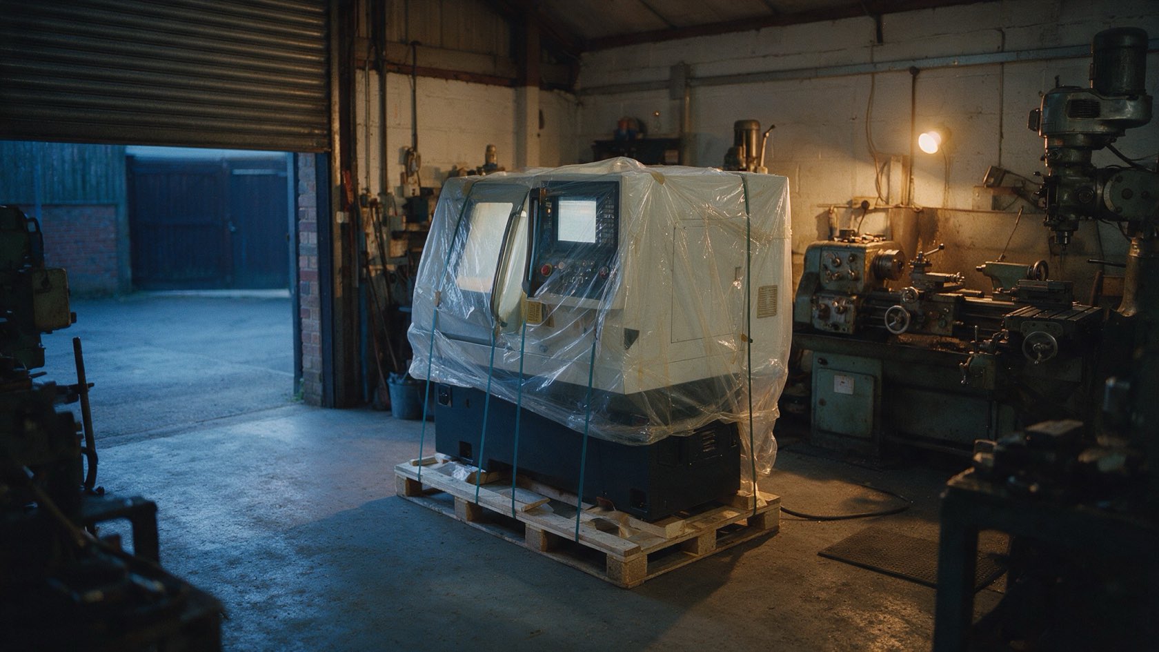 A new machine still wrapped, delivered to a small engineering workshop at dawn