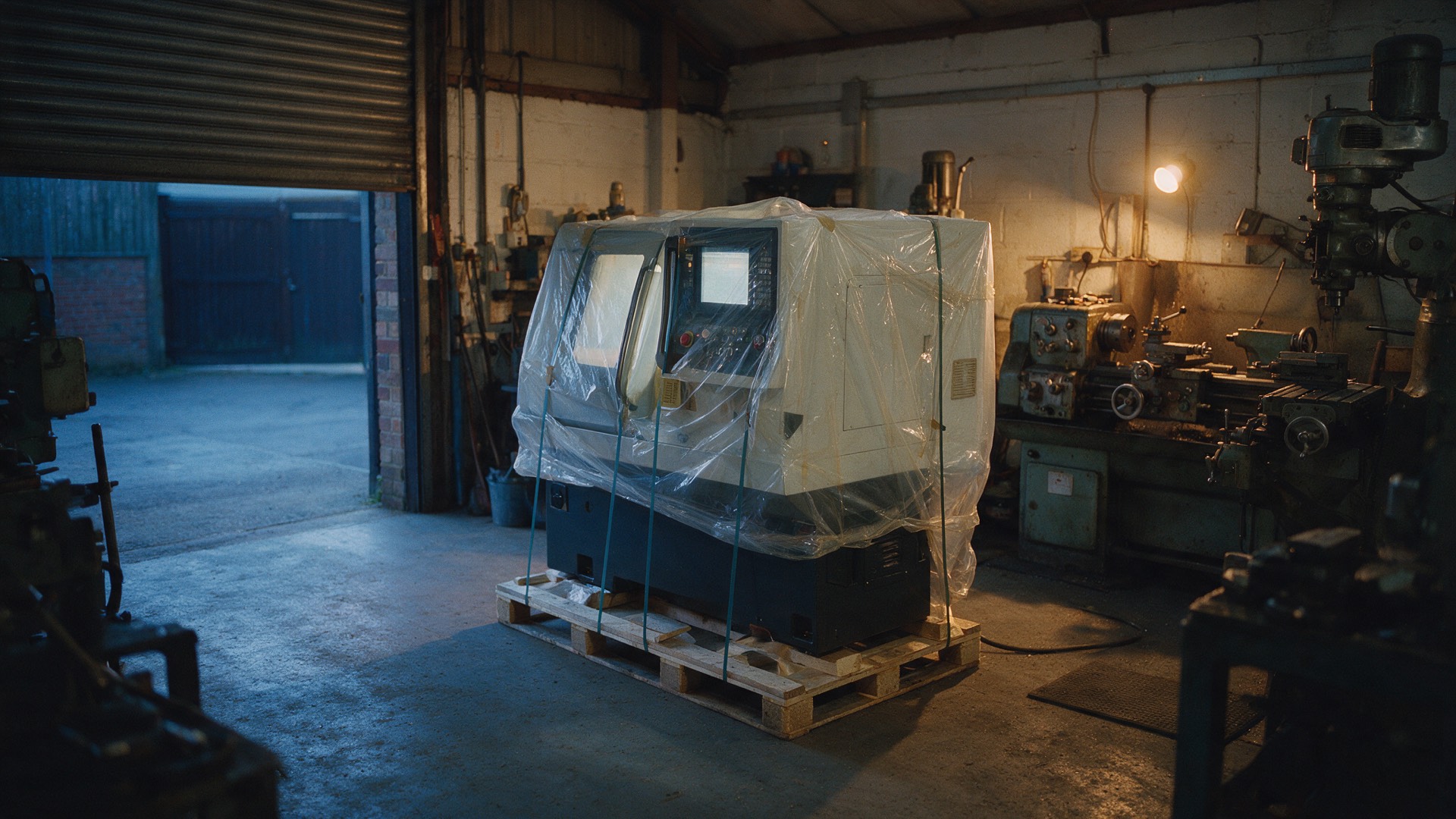 A new machine still wrapped, delivered to a small engineering workshop at dawn