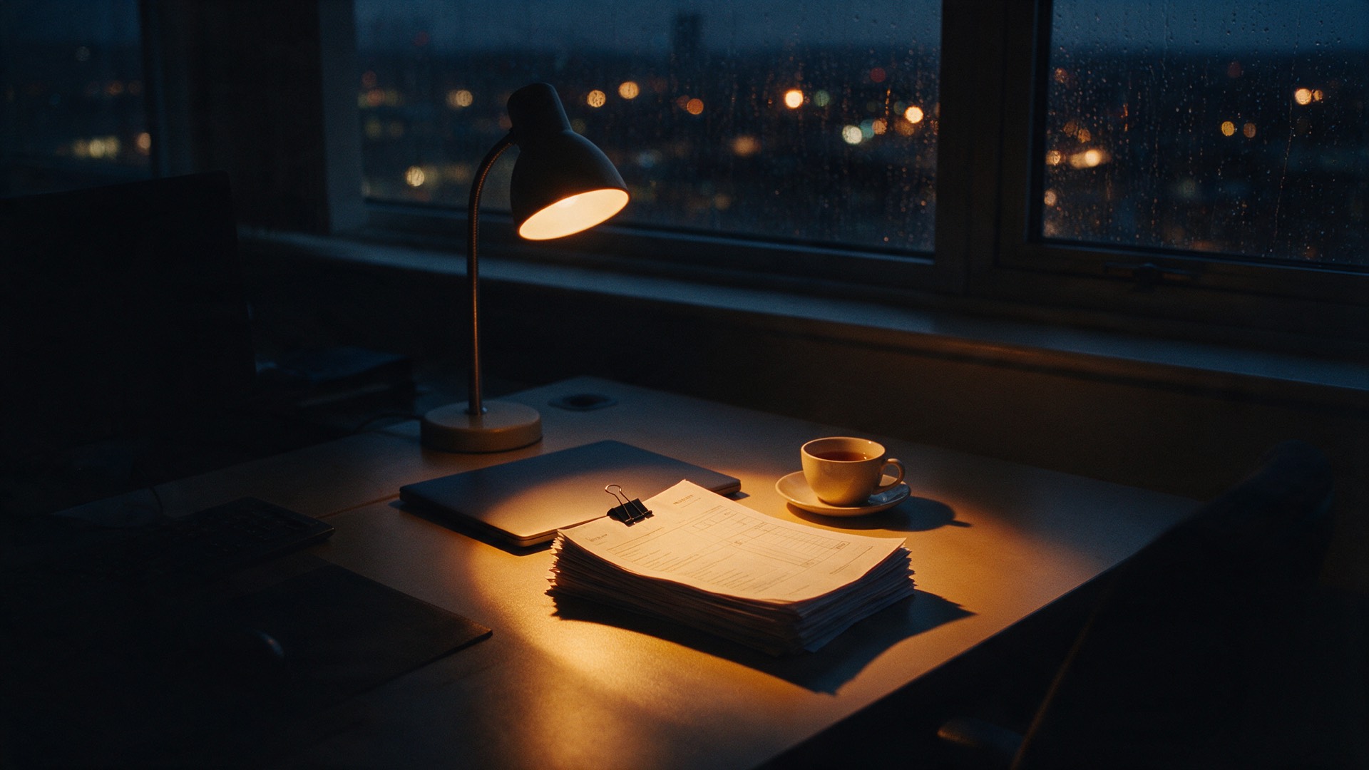 A lit desk late in the evening, a stack of accounts under a lamp, rain on the window beyond