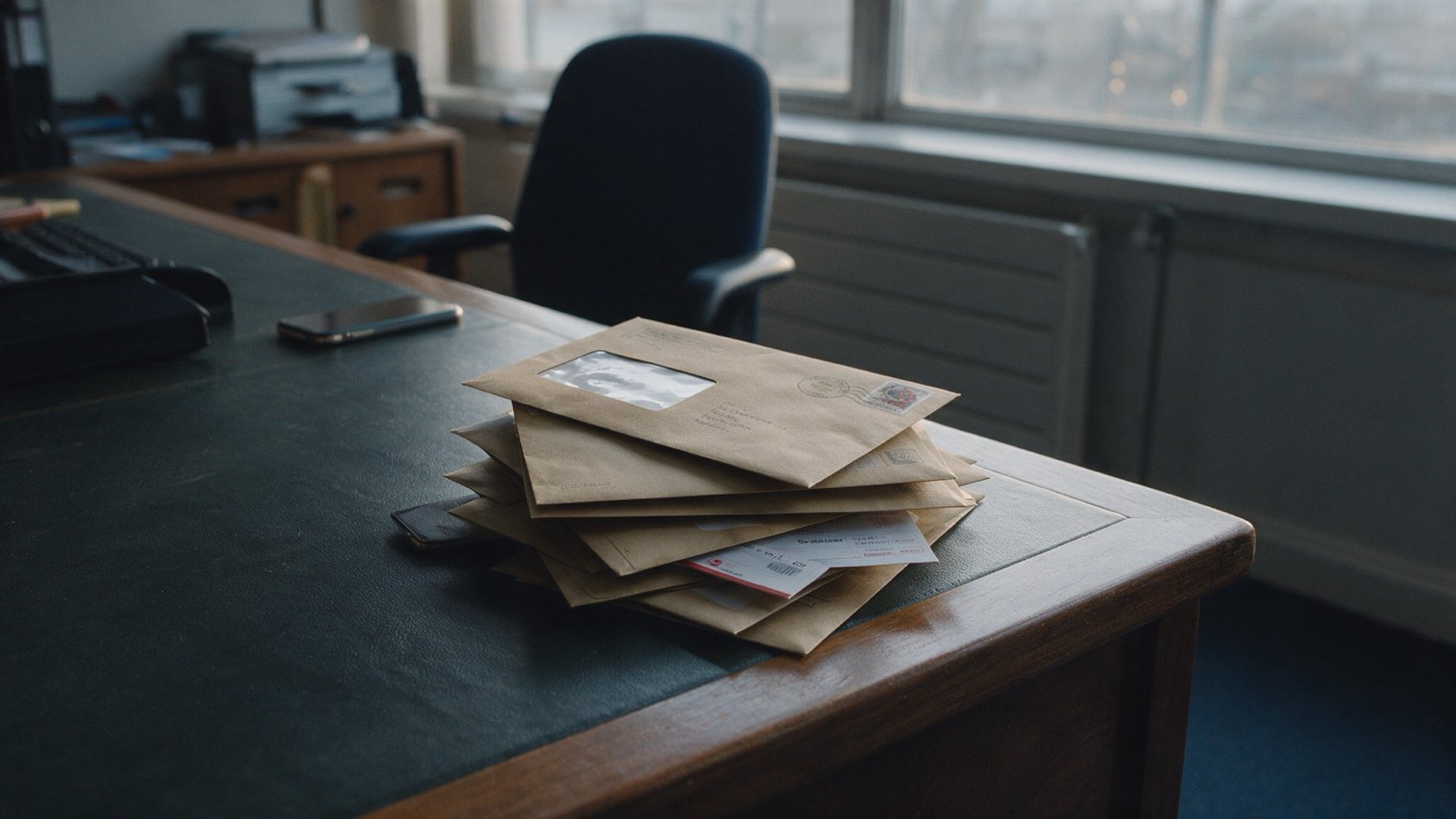 A stack of unopened business post on a director's desk in an empty office