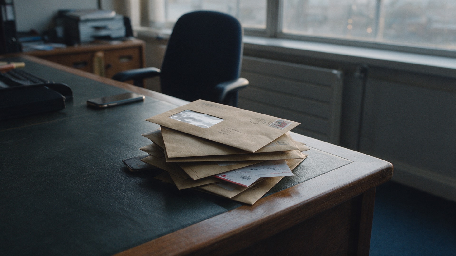 A stack of unopened business post on a director’s desk in an empty office