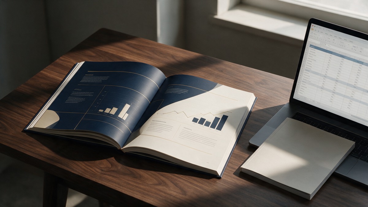 A printed pitch deck open on a desk, navy and cream spread with charts