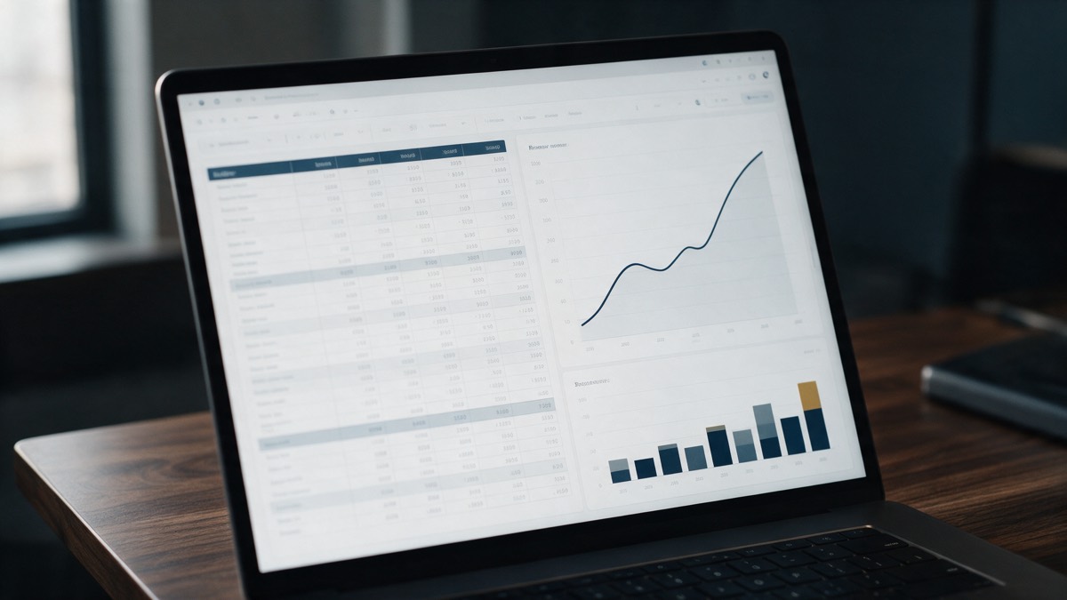 A laptop showing a three-year financial model with a revenue line and stacked bars