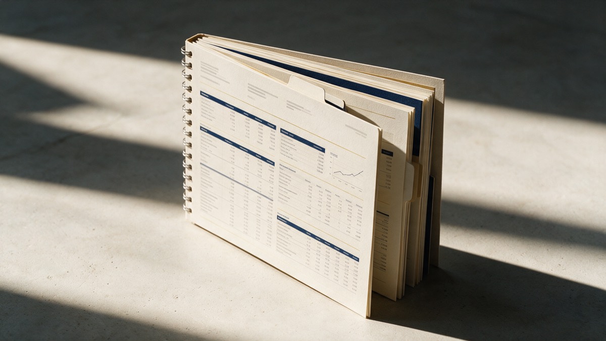 A wire-bound lender pack standing open, showing financial tables and a chart